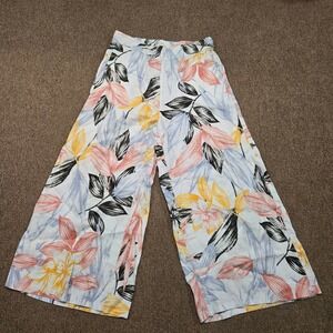 C&C California 100% Linen Pants Womens M White Floral Wide Leg Tropical Boho